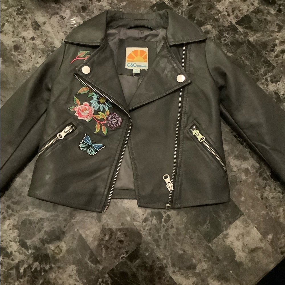 Toddler Girls Floral Faux Leather Jacket